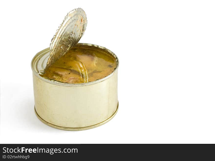 Open full can of sardines in olive oil, isolated on a white background with shadow. Open full can of sardines in olive oil, isolated on a white background with shadow.