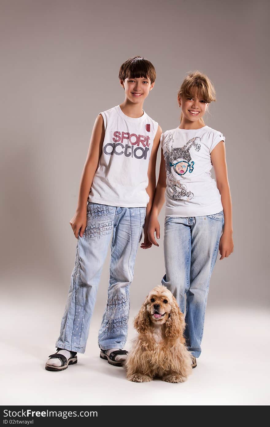 Boy and girl with dogs on isolated background. Boy and girl with dogs on isolated background