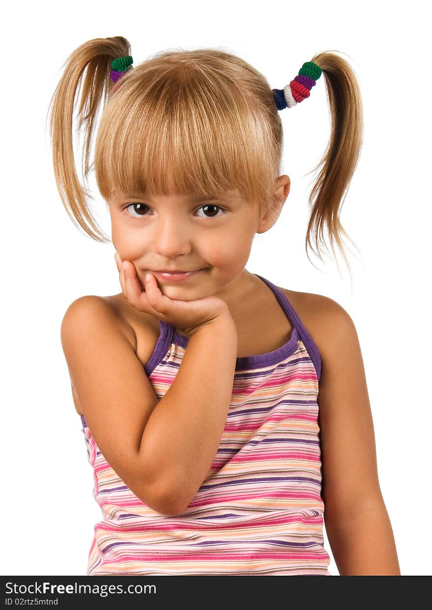 Portrait of emotionally kid. Funny little girl isolated on white background. Beautiful caucasian model.