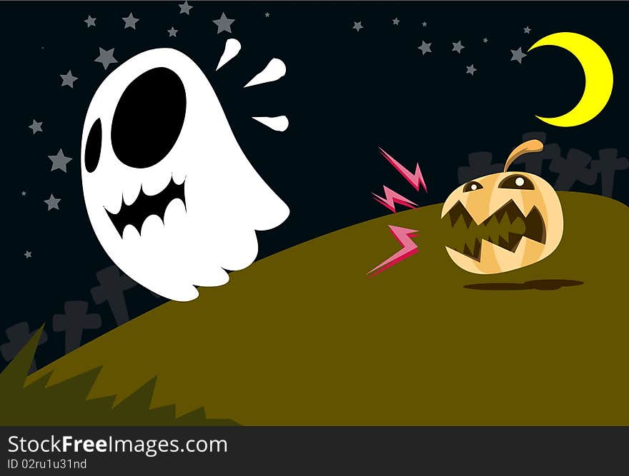 Images of a pumpkin ghost who is chasing another ghost. Images of a pumpkin ghost who is chasing another ghost.