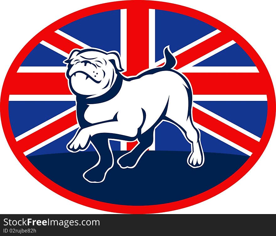 Illustration of a Proud English bulldog marching with Great Britain or British flag at background set inside an oval. Illustration of a Proud English bulldog marching with Great Britain or British flag at background set inside an oval.