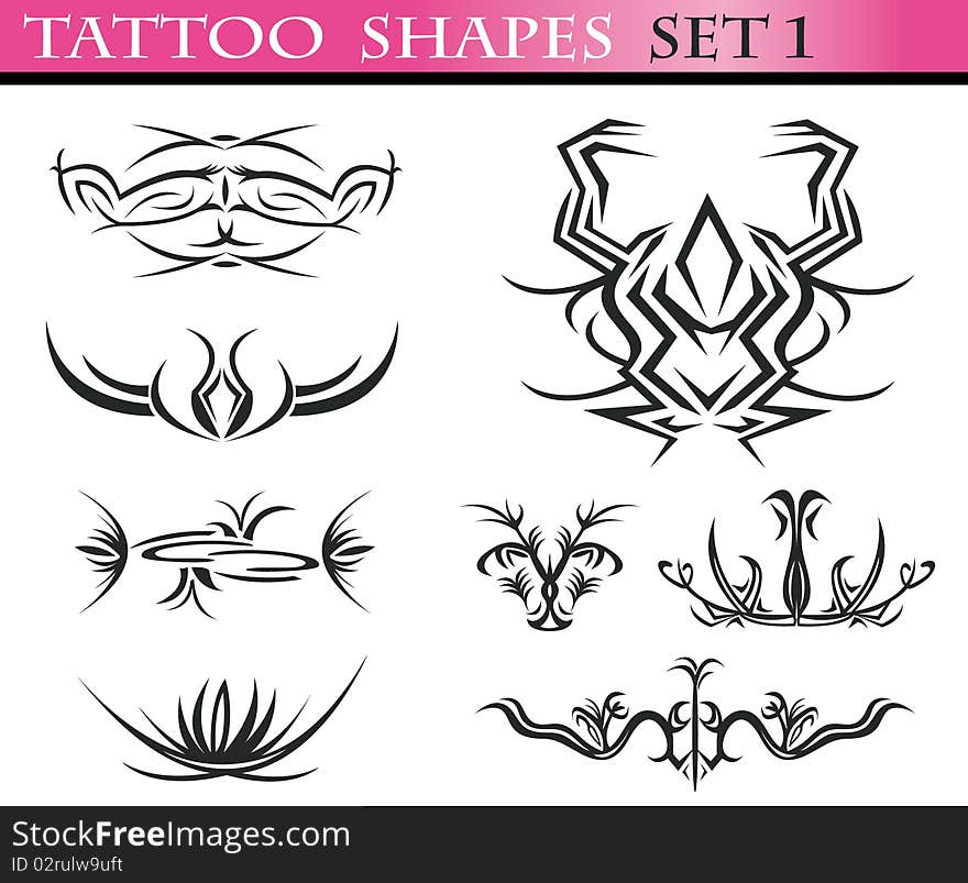 A set of different tattoo shapes isolated on white background. Part 1 of the collection. A set of different tattoo shapes isolated on white background. Part 1 of the collection.