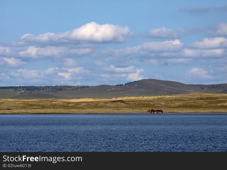 The blue lake in the summer prairies of Inner Mongolia, China