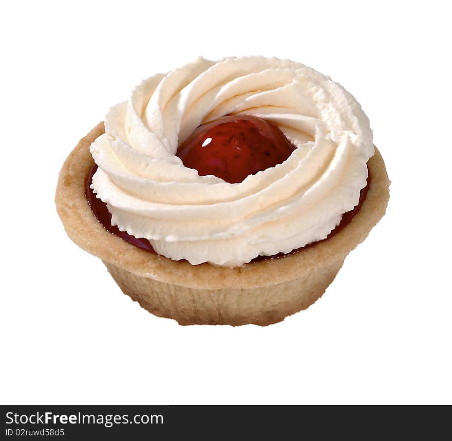 Single strawberry tart on white background