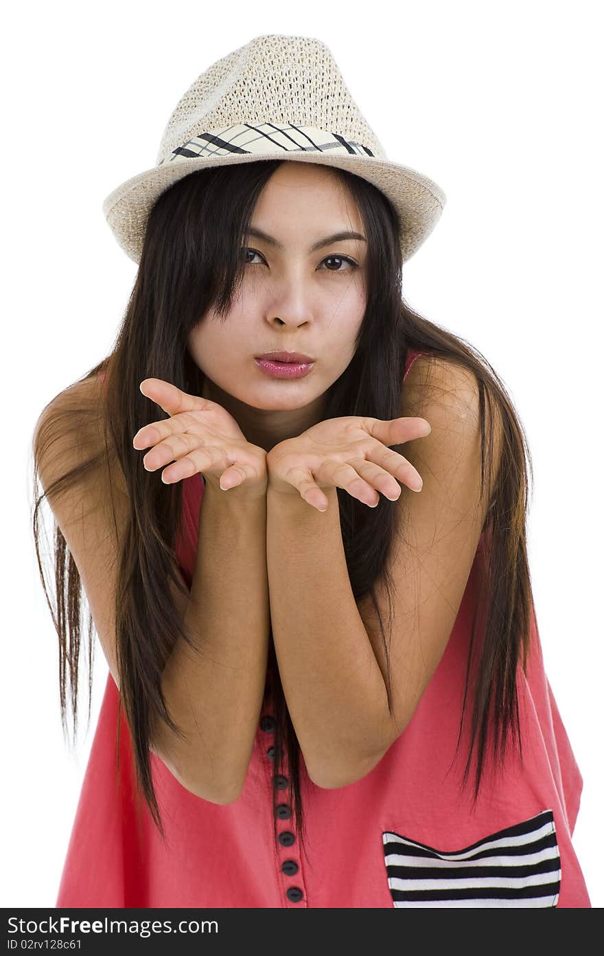 Beautiful asia woman blowing a kiss, isolated on white background