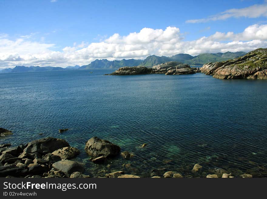 The mountians and ocean on the Lofoten islands in Norway