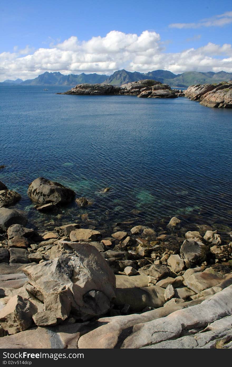 The view on the fjord and rocks in Lofoten islands in Norway