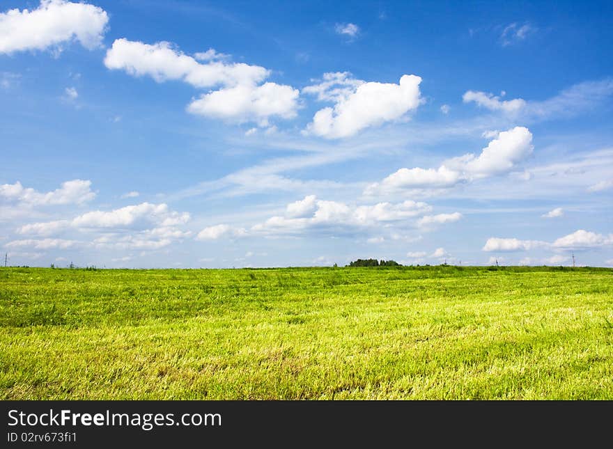 Summer landscape with blue sky and green grass.