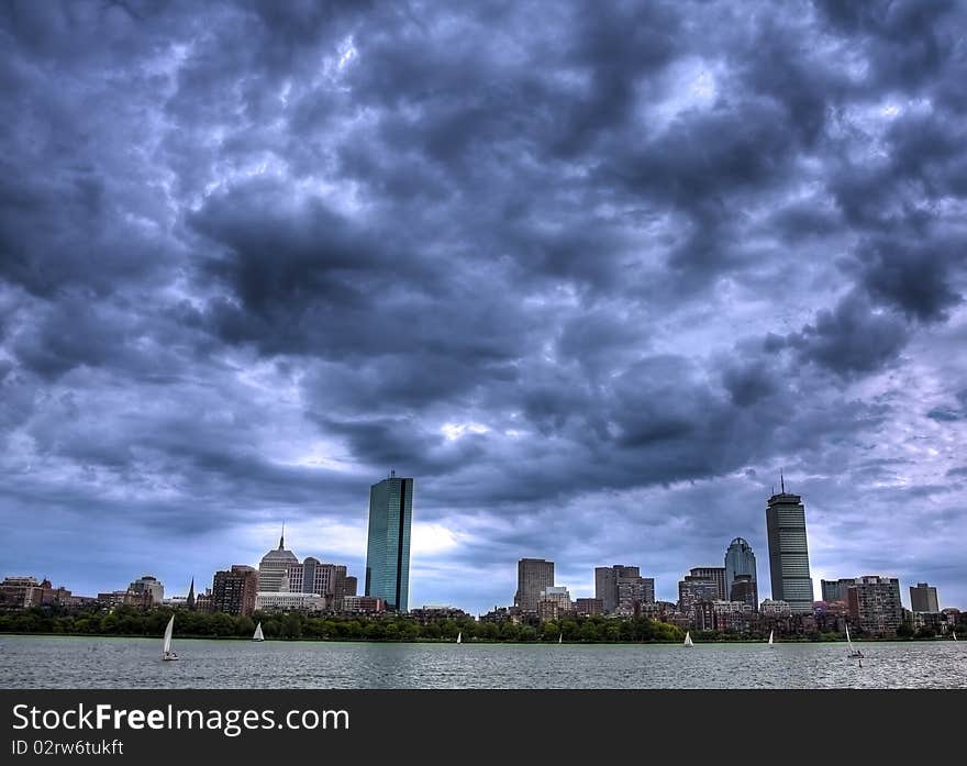 Panoramic of Boston Skyline on a cloudy day.