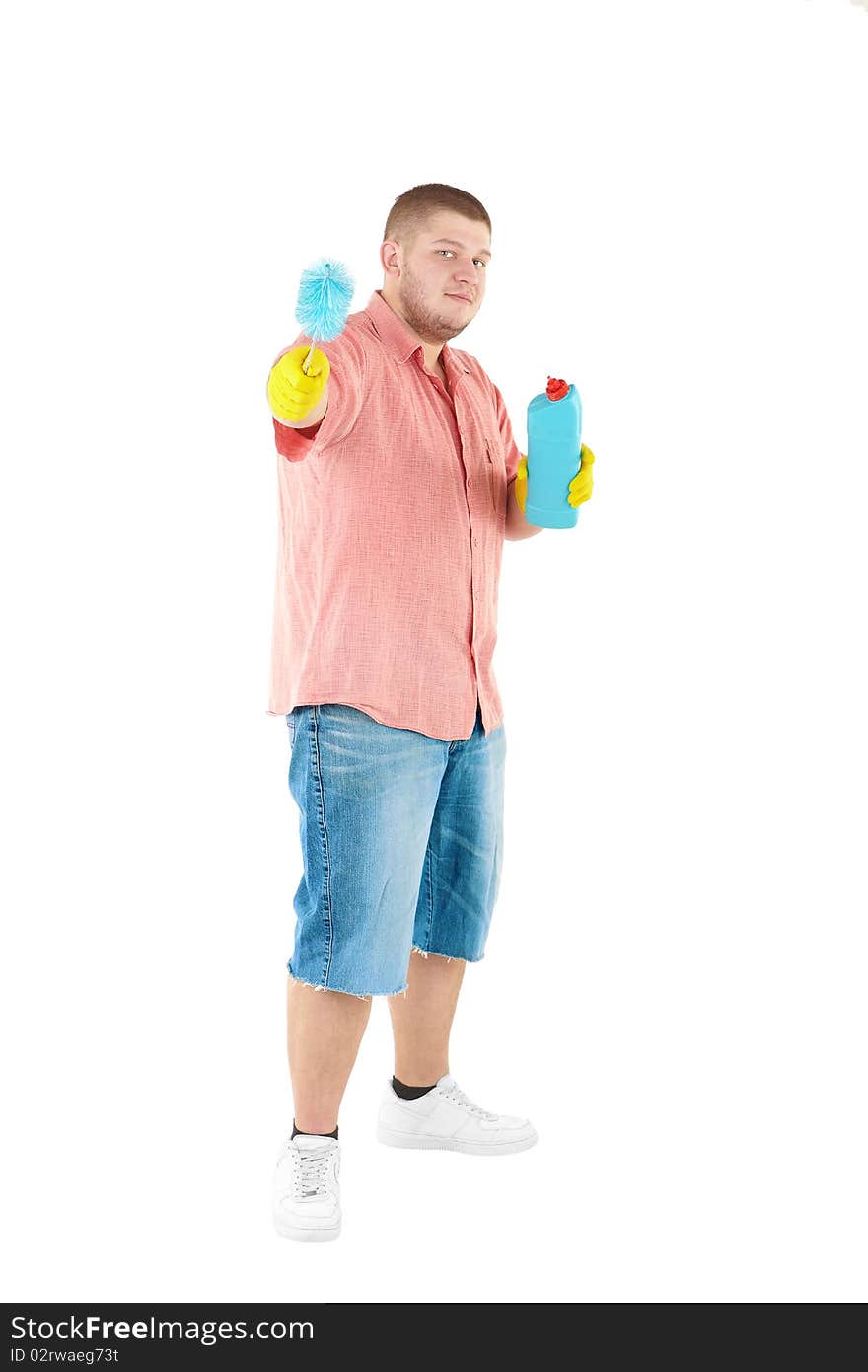 Funny portrait of standing cleaner. Iisolated over white.