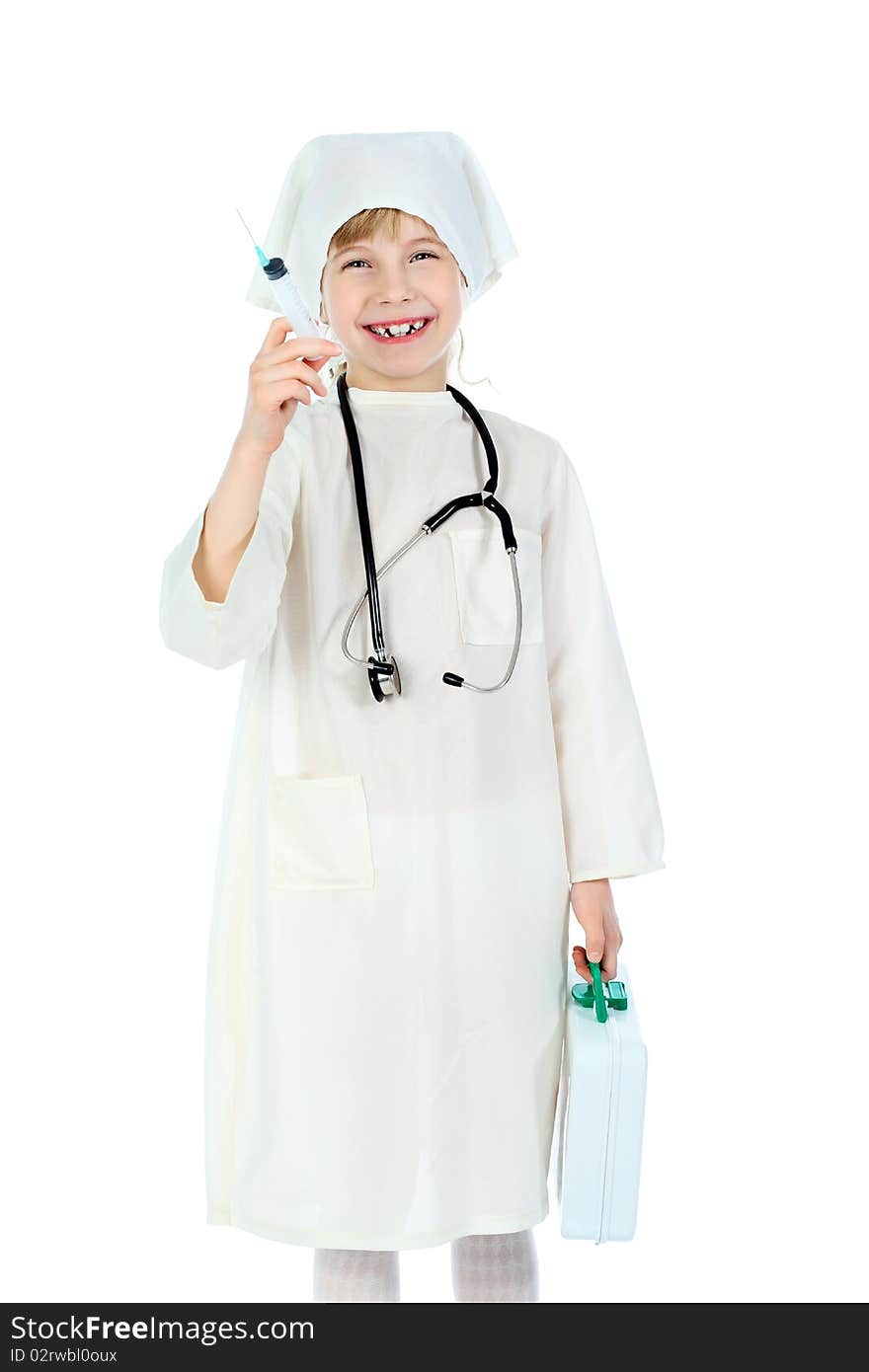 Shot of a little girl in a doctors uniform. Isolated over white background. Shot of a little girl in a doctors uniform. Isolated over white background.