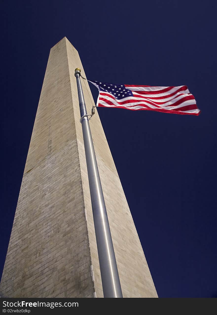 American Flag Flying in front of Washington Memorial. American Flag Flying in front of Washington Memorial