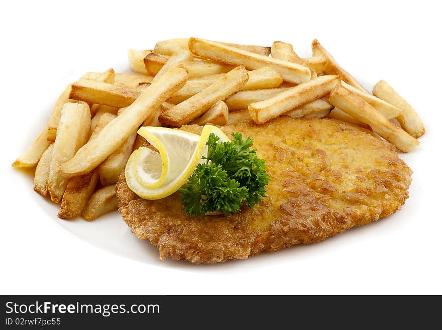 Pork roast with potatoes, isoled, on white background