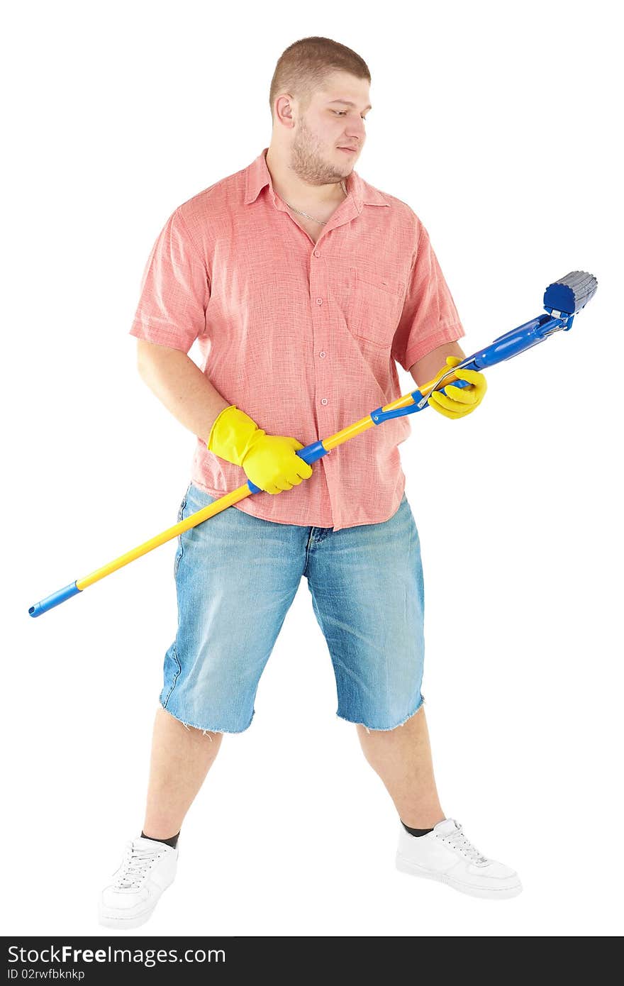 Funny portrait of standing cleaner. Iisolated over white.