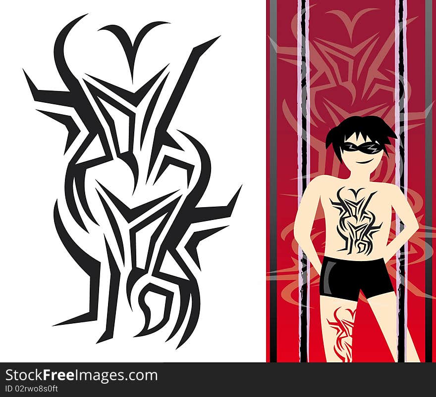 Red & black banner design with tattoo boy and the original tattoo isolated on white background.