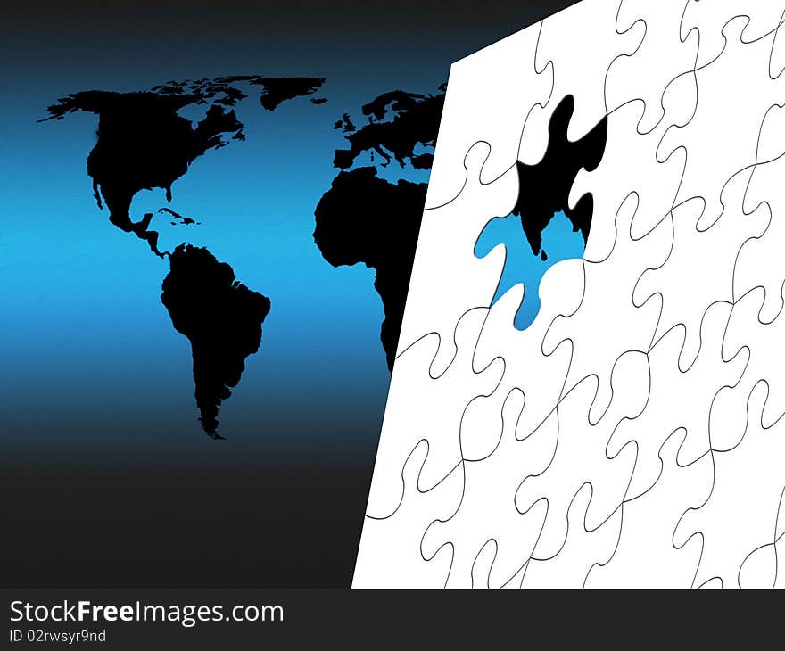 Black outline world map with white jigsaw. Black outline world map with white jigsaw