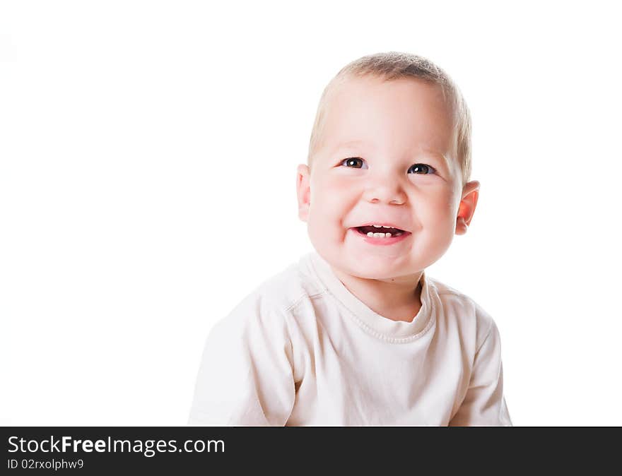 Cute little boy close-up on white background