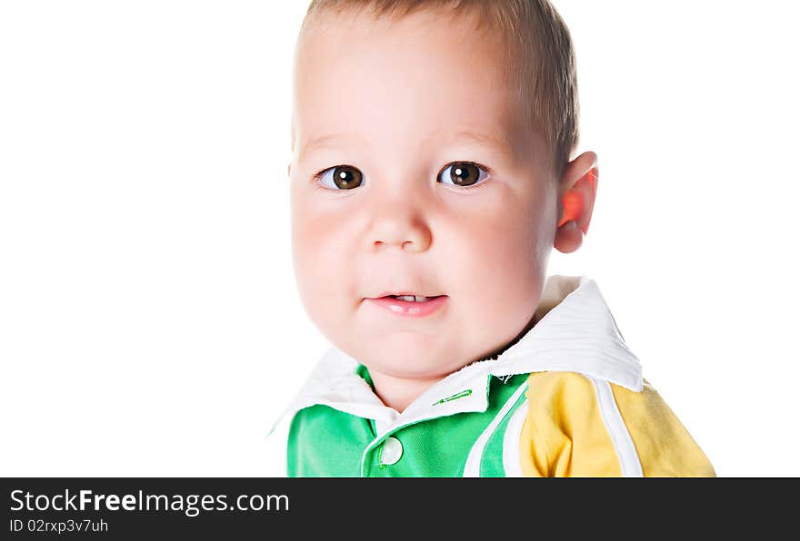 Cute little boy close-up on white background