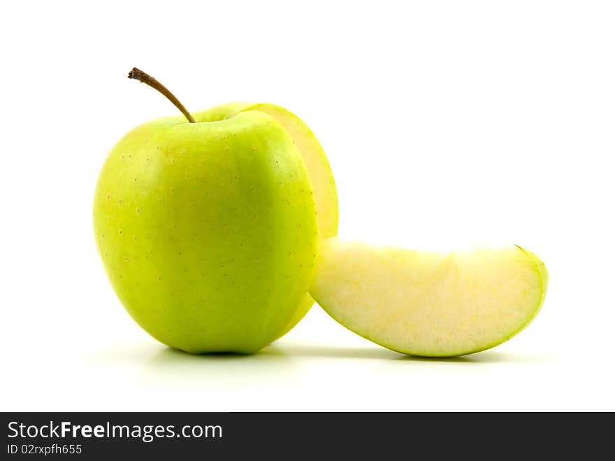 Studio shot of the cut green apple on white background