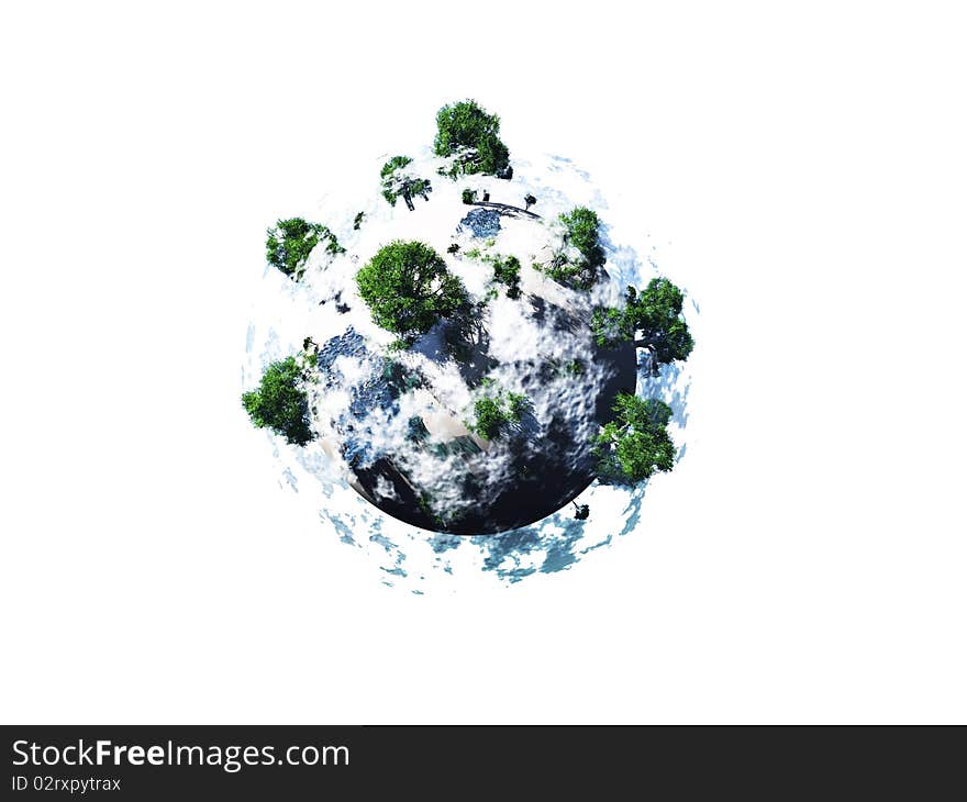 Small planet with huge tree with clouds float over sea in sunny day, isolated on white background. Small planet with huge tree with clouds float over sea in sunny day, isolated on white background