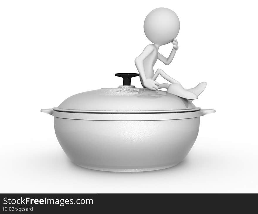 Saucepan and person. 3d image isolated on white background.