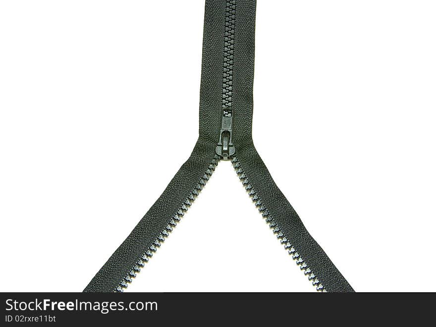 Unzipped back metal zipper on white background