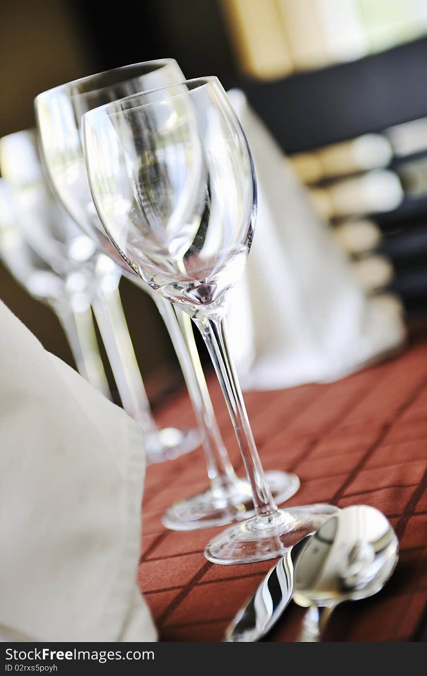 Closeup of empty vine glasses in luxury restaurant. Closeup of empty vine glasses in luxury restaurant