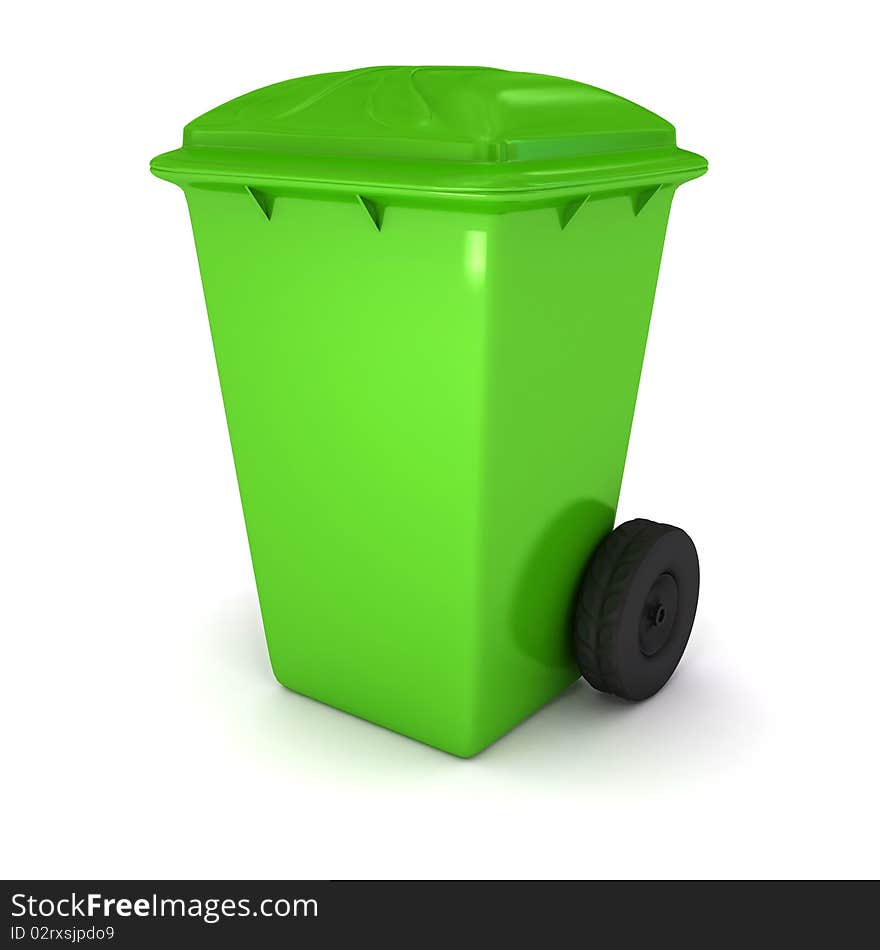 The green garbage container over white background