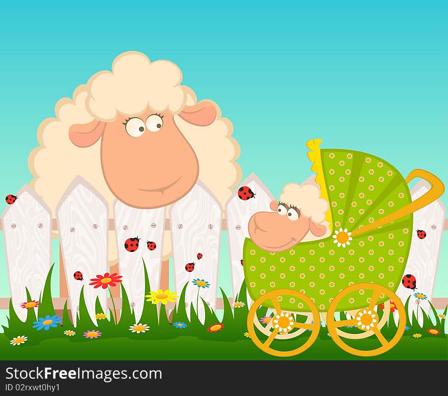 Cartoon smiling sheep with scribble baby carriage