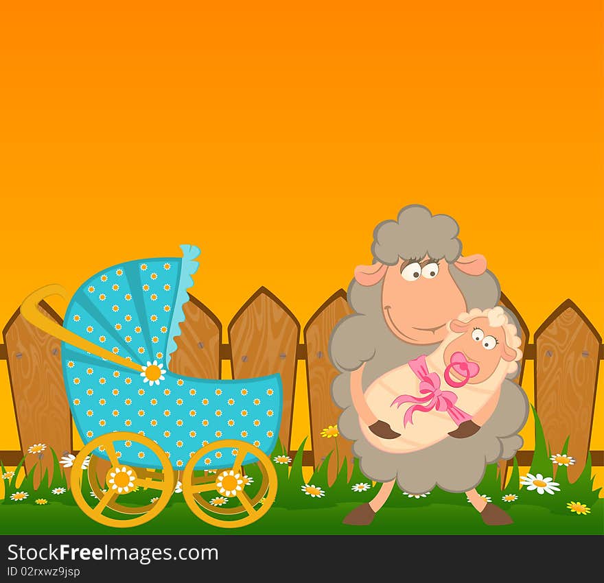 Cartoon smiling sheep with scribble baby carriage