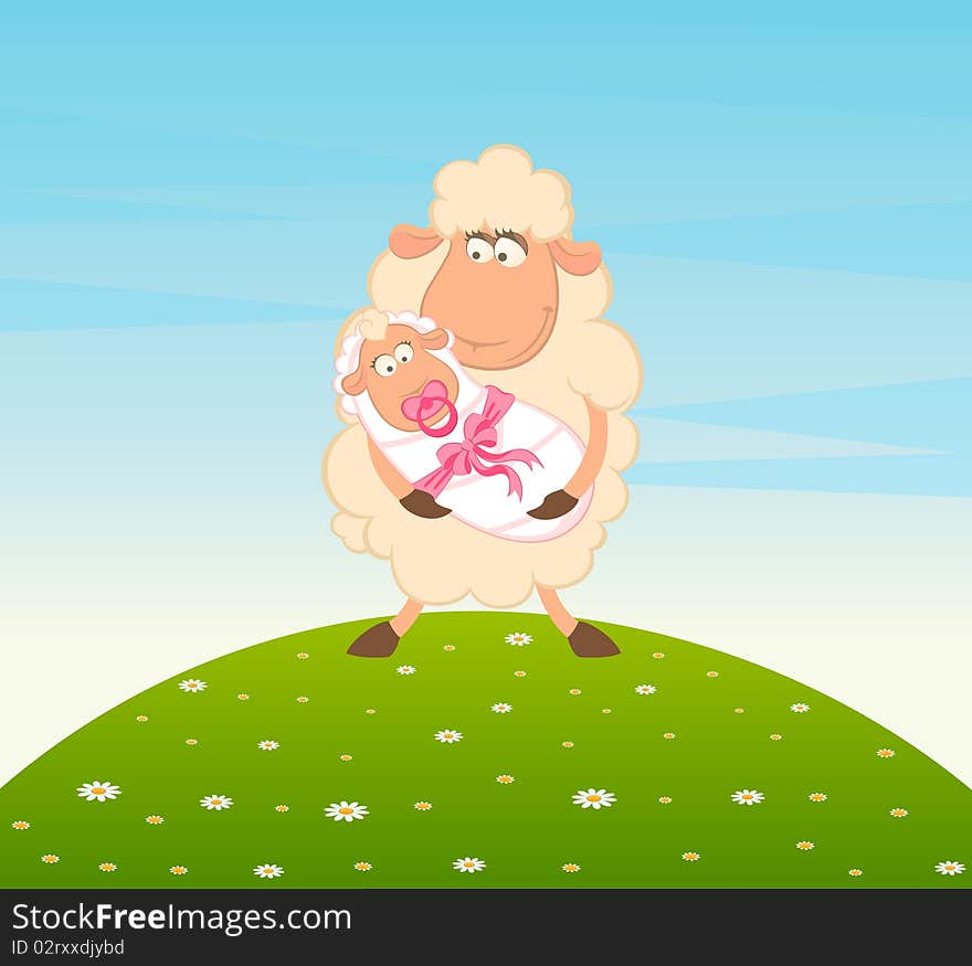 Cartoon smiling sheep mother with infant baby