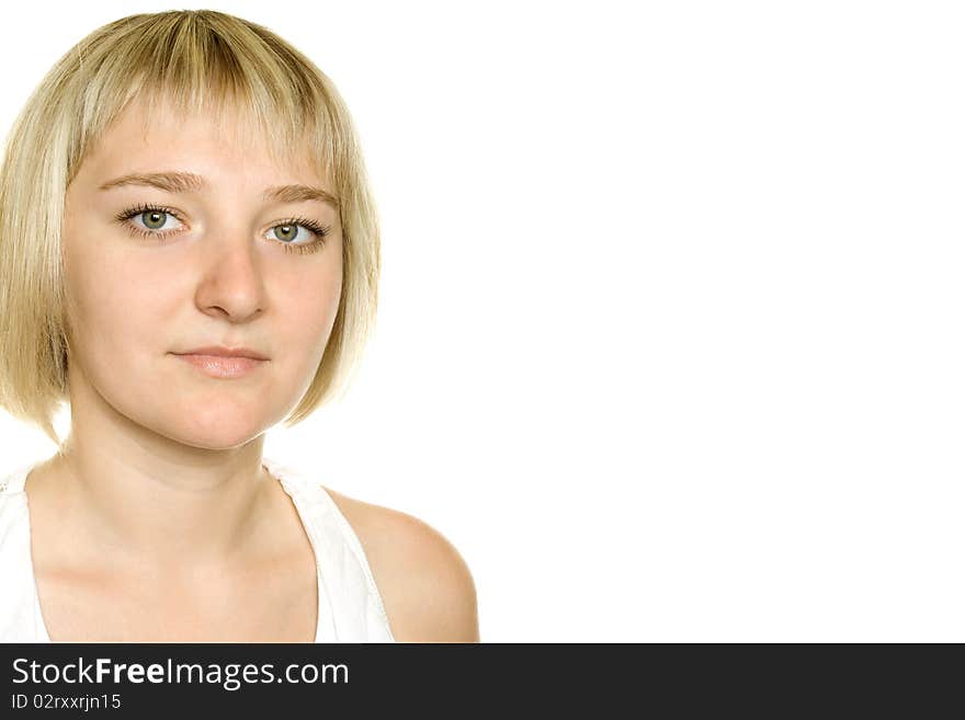 Young woman on white background