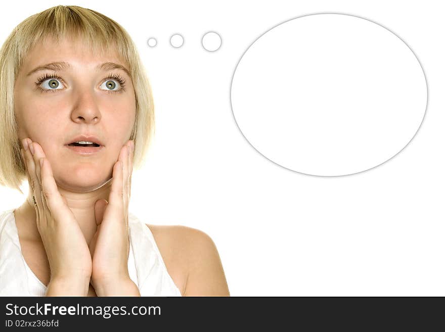 Close-up of a young woman looking surprised on white background