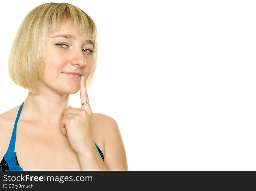 Thoughtful young lady on a white background