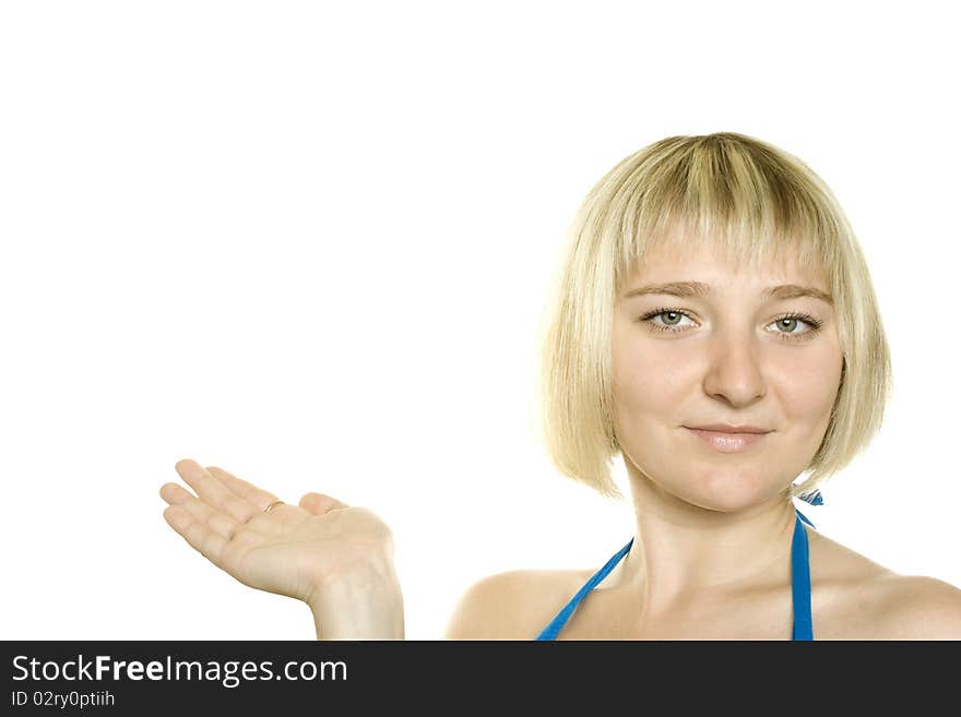 Young business woman, a showing product. Isolated on white background