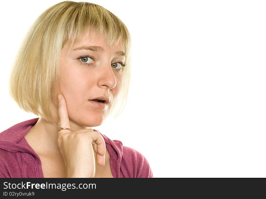 Young woman on white background. Surprised