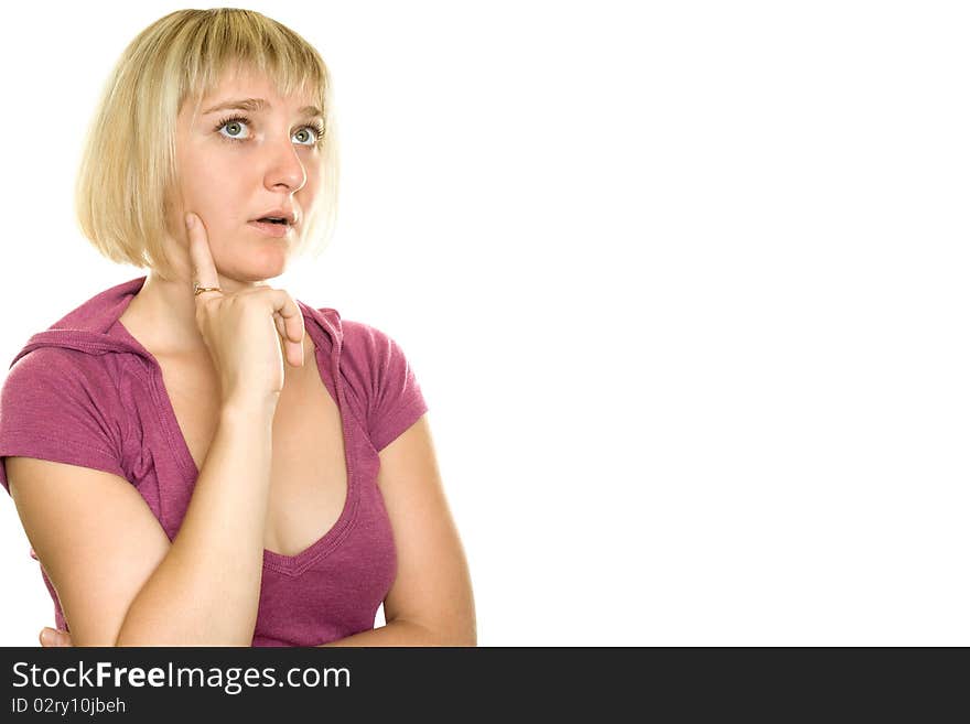 Young woman on white background. Surprised