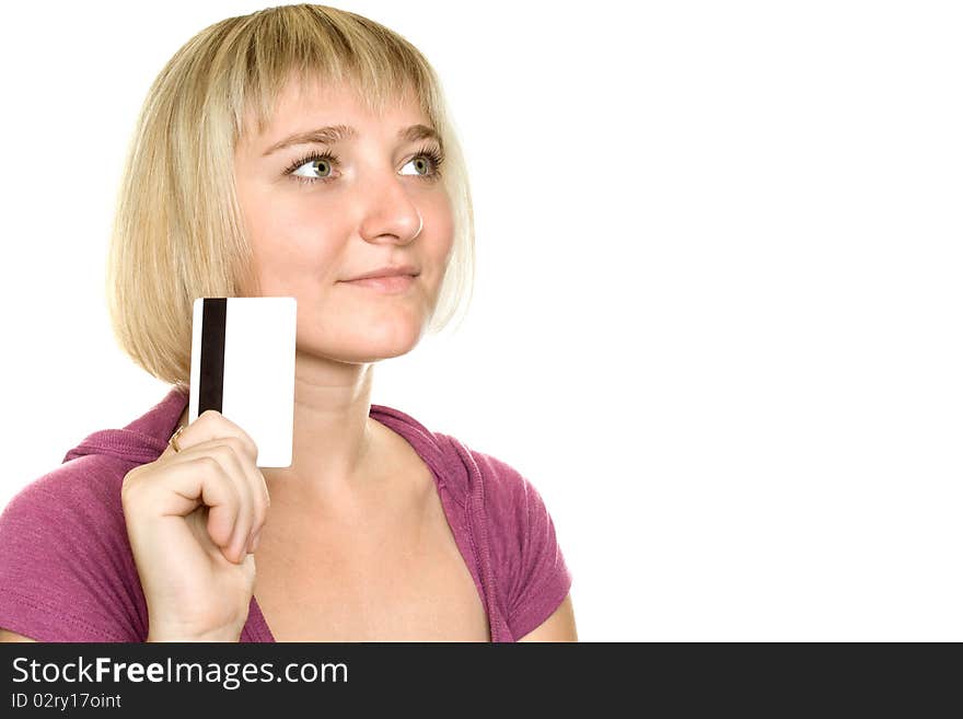 Portrait of a beautiful woman holding a blank credit card on white background. Portrait of a beautiful woman holding a blank credit card on white background