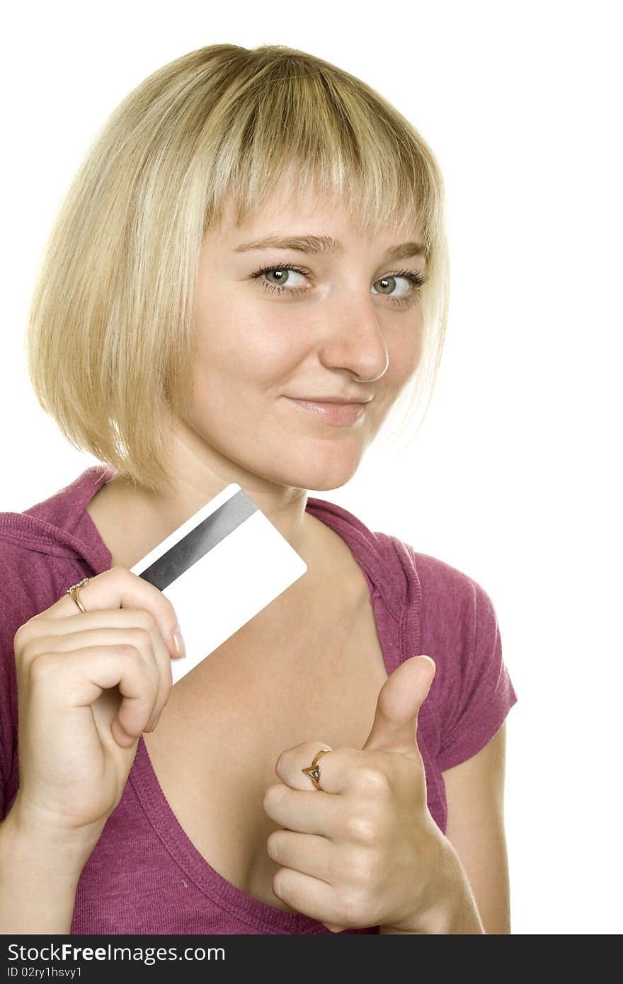 Portrait of a beautiful woman holding a blank credit card on white background. Portrait of a beautiful woman holding a blank credit card on white background