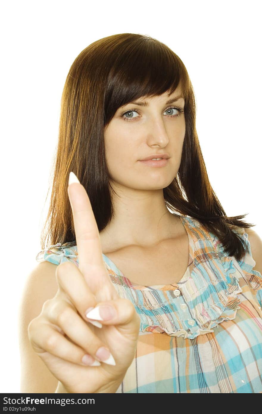 Young woman pressing a hi-tech button (you can write your command on the button: login, enter start, yes, no, ...). Young woman pressing a hi-tech button (you can write your command on the button: login, enter start, yes, no, ...)