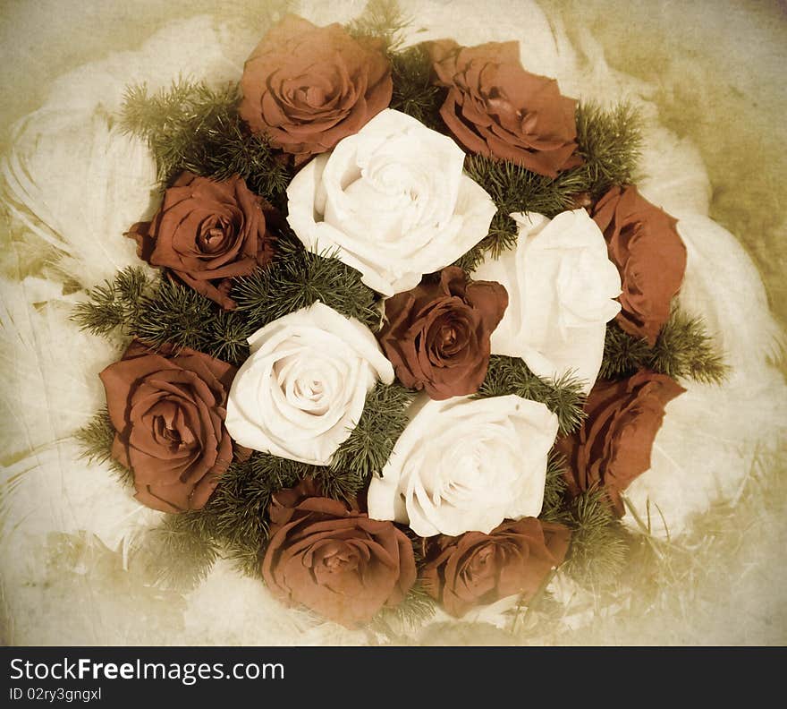 Vintage wedding bouquet of red and white roses