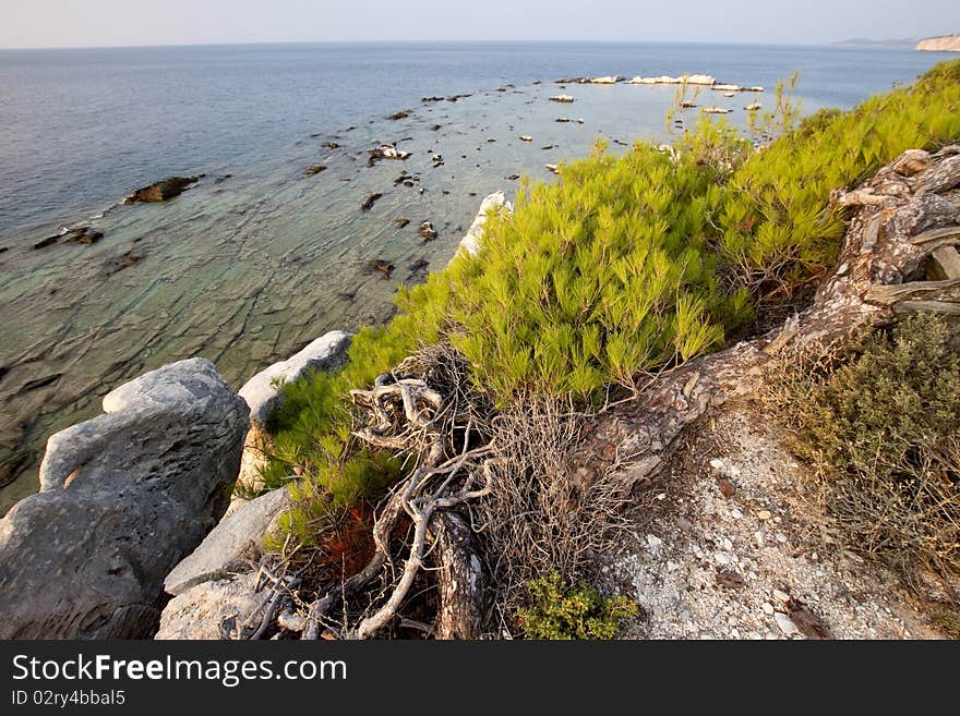 Blocks of marble in the sea on Aliki, Thassos island, Greece