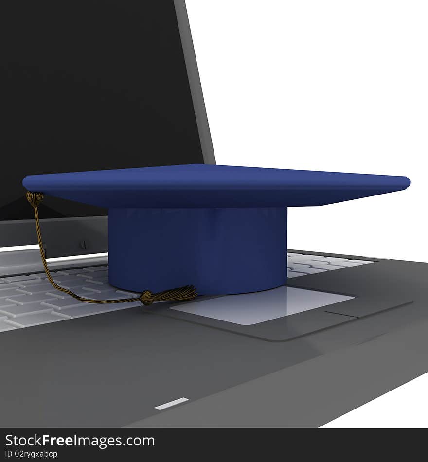 Grey notebook and bachelor's hat. Isolated on white. Close-up view