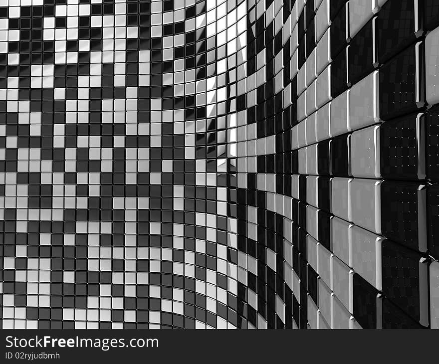 A wall of black and white mosaic in the shape of squares. A wall of black and white mosaic in the shape of squares