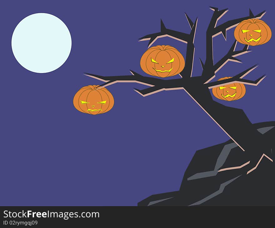 Dark tree with pumpkins - Halloween background