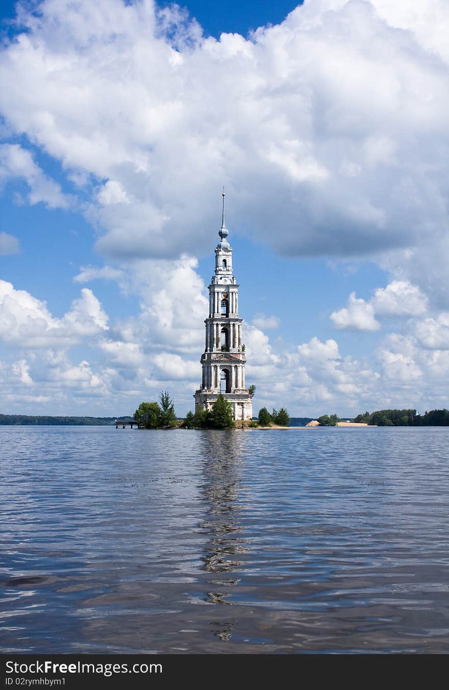 Belltower on river Volga, Kalyazin, Russia