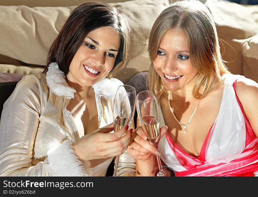 Happy women with glasses of wine talk about in drawing room. Happy women with glasses of wine talk about in drawing room