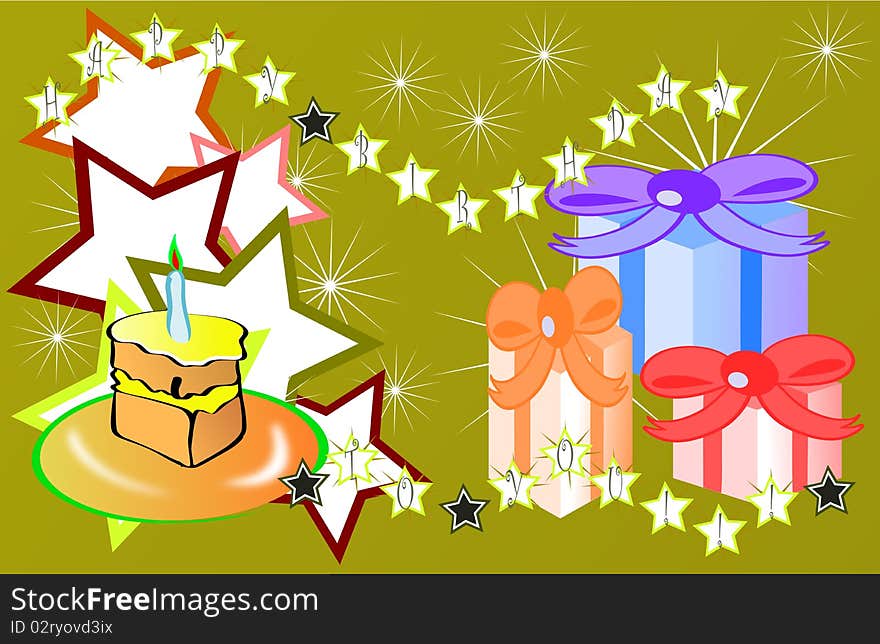 Image representing a composition of stars and gifts with a small cake with a lighted candle and the words "Happy Birthday to you". A colorful illustration that can be used for all projects involving birthdays. Image representing a composition of stars and gifts with a small cake with a lighted candle and the words "Happy Birthday to you". A colorful illustration that can be used for all projects involving birthdays.