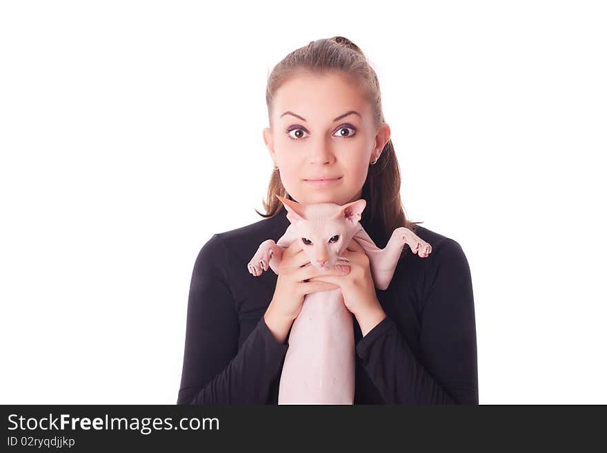 Beautiful young woman with a cat on a white background