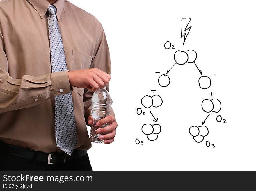 Man in a shirt and a tie opening a bottle of water while standing next to a drawing of ozone formation. Man in a shirt and a tie opening a bottle of water while standing next to a drawing of ozone formation.